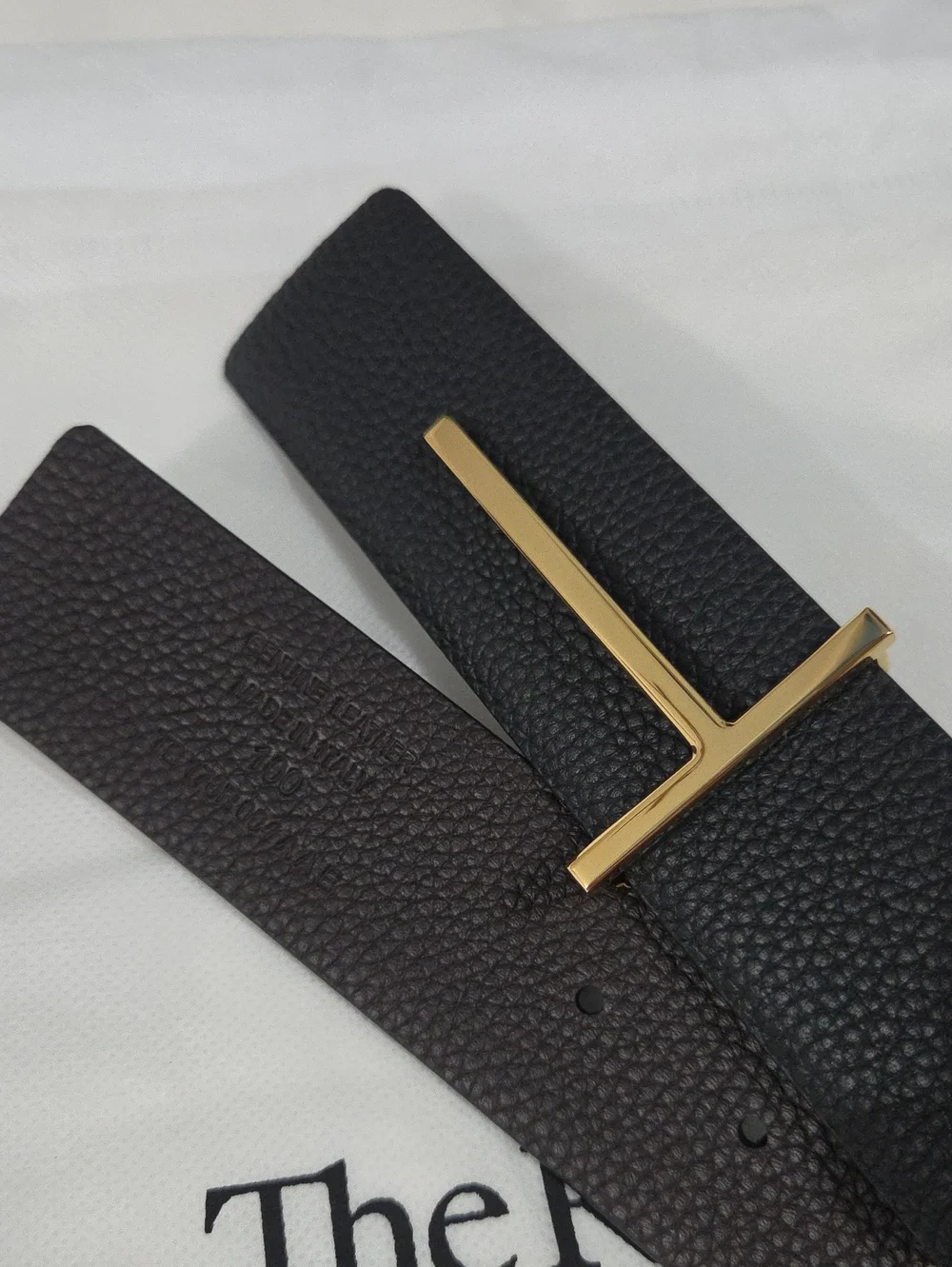 Tom Ford Black Leather Belt Gold T Accent Buckle